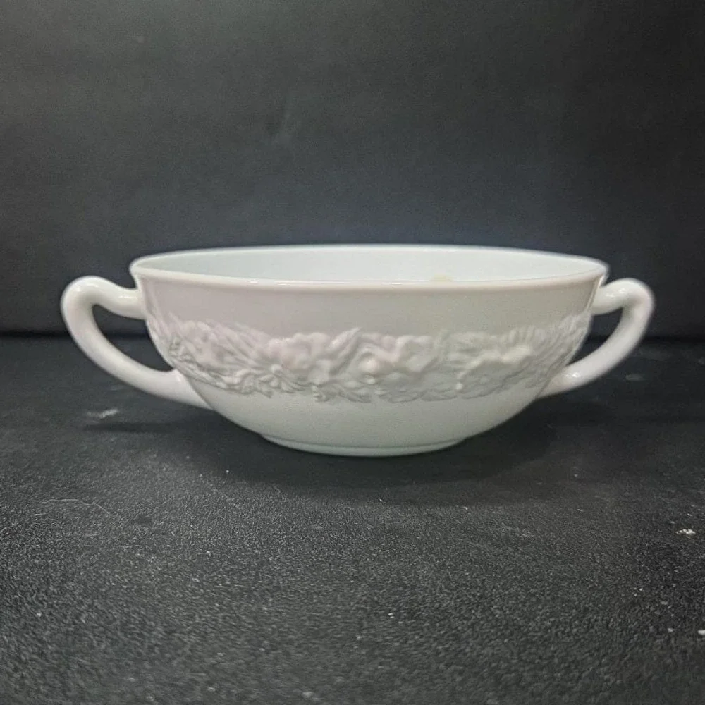 Anchor Hocking Milk Glass Soup Bowl, Dual Handled Floral Dish, Vtg Kitchenware